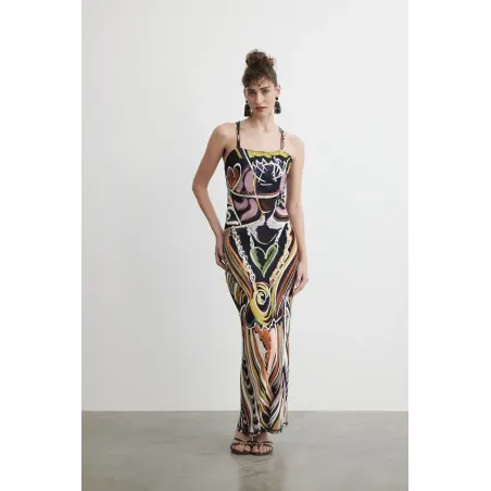 Multicolor Viscose Long Dress with Back Slit Detail