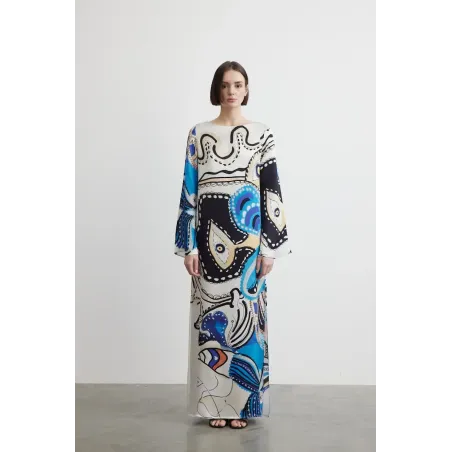 Multicolor Viscose Neptune Slit Long Dress with Artistic Prin