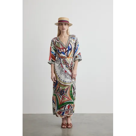 Multicolor Viscose V-Neck Kaftan Dress with Artistic Print