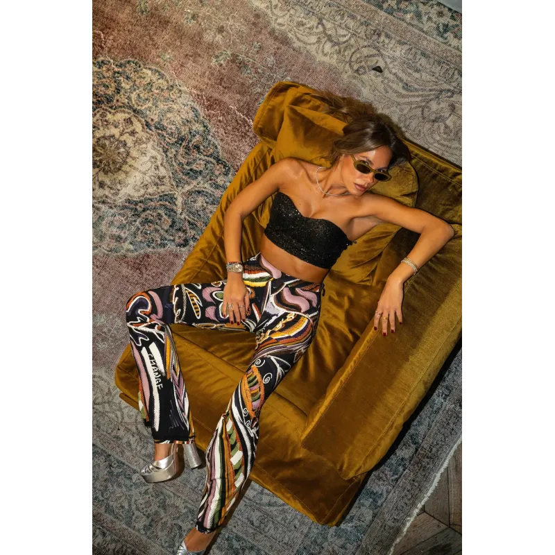 Multicolor Viscose Flare Pants with Artistic Print