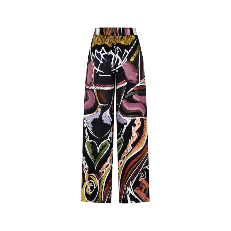 Black Viscose Palazzo Pants with Artistic Print
