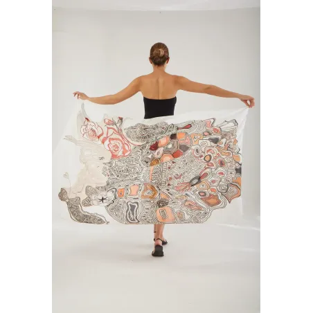 White Cotton Silk Voile Pareo Scarf with Artistic Print