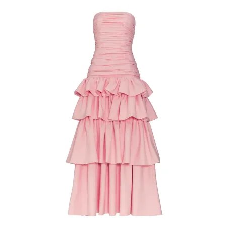 Bubblegum Pink Cotton Strapless Ruffle Midi Dress