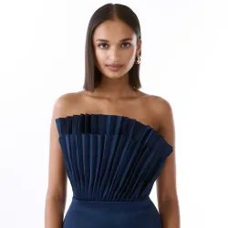 Navy Recycled Polyester Pleated Midi Gown