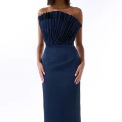 Navy Recycled Polyester Pleated Midi Gown