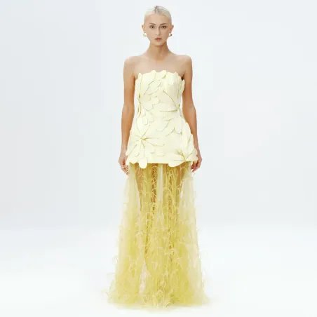 Butter Yellow Feather Appliqué Strapless Gown