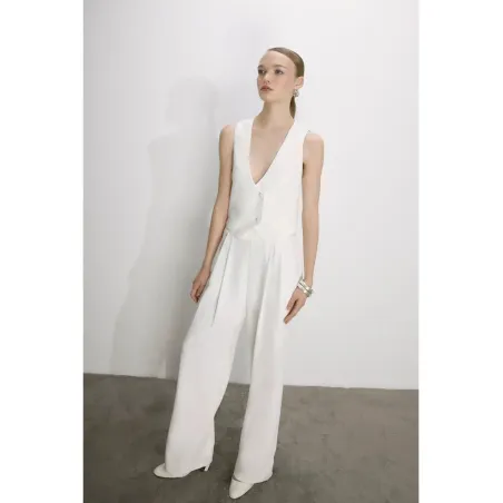 Tina Trousers in White with Satin Waistband