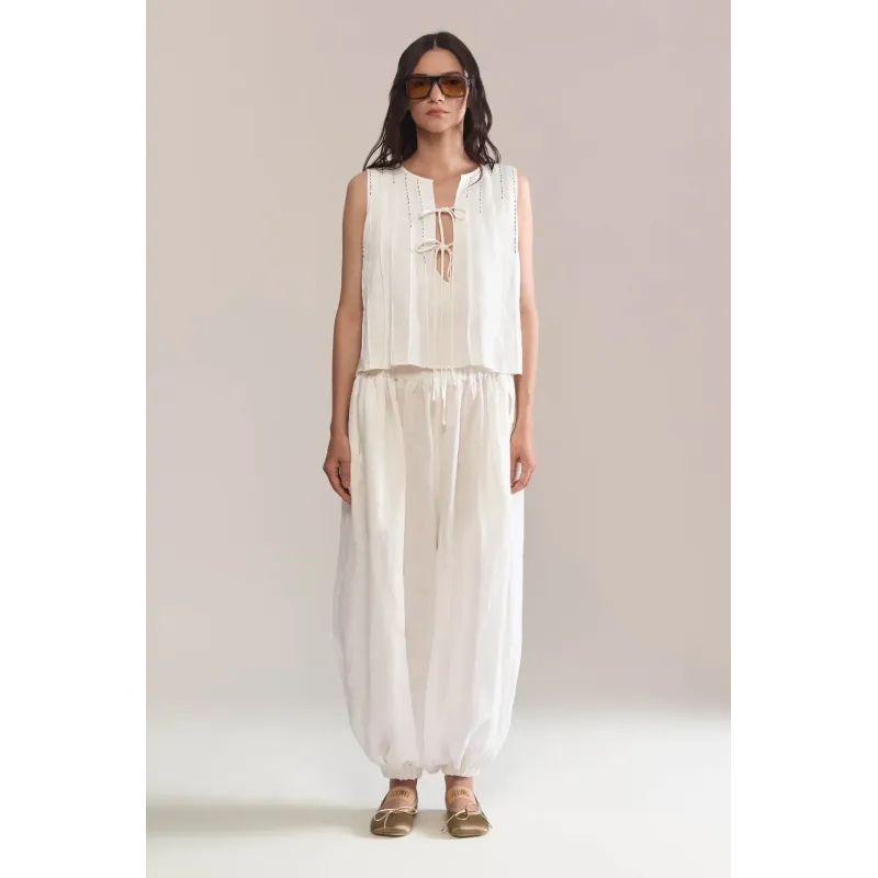Draped White Balloon Pants